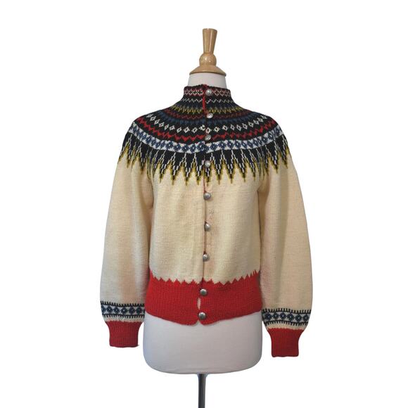 Vintage 50s William Schmidt Oslo Norway Fair Isle Nordic Wool Jumper Cardigan - Picture 2 of 10